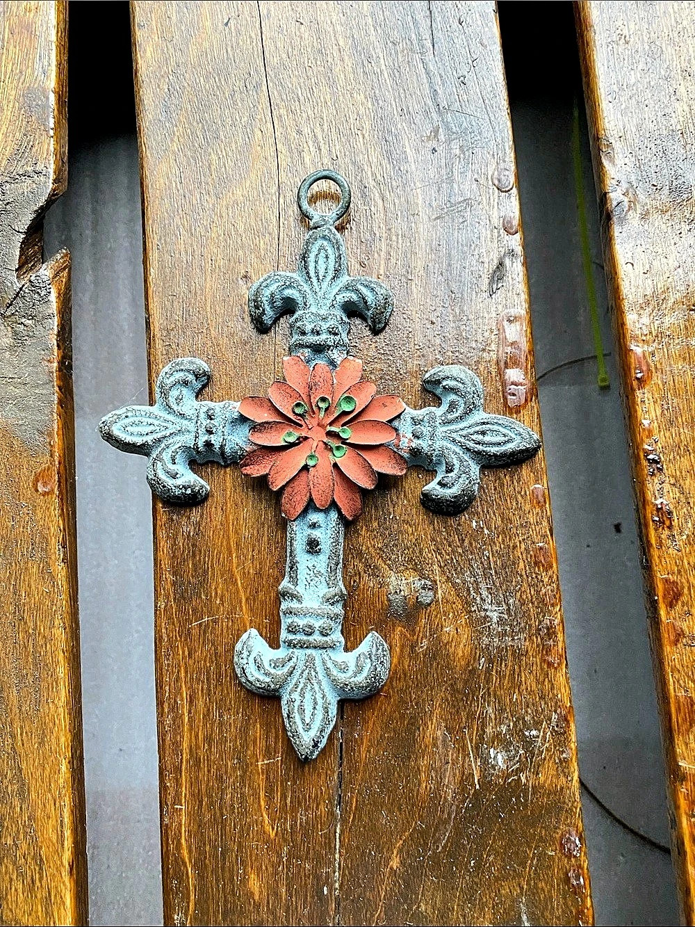 Cast Iron Fleur-de-Lis Wall Cross with Orange Metal Flower 4 3/4 X 6 Inches